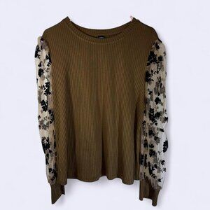 Shein Curve 3 Xl Brown Ribbed Blouse Sheer Sleeves